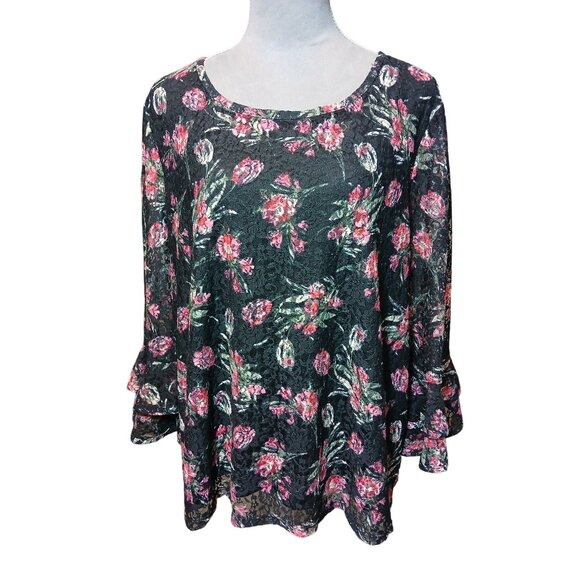 Cato Womens Bell Sleeve Black Floral Top Lace Overlay Stretch Goth Grunge Sz XL - Picture 1 of 8